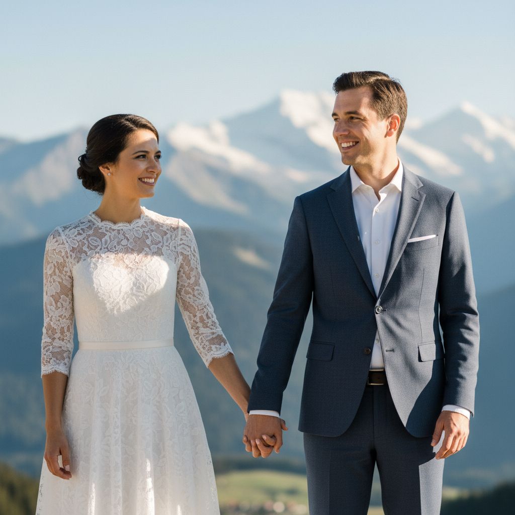 Un couple de mariés souriant et se tenant la main, avec un magnifique paysage montagneux suisse en arrière-plan, capturé dans une lumière douce et naturelle.