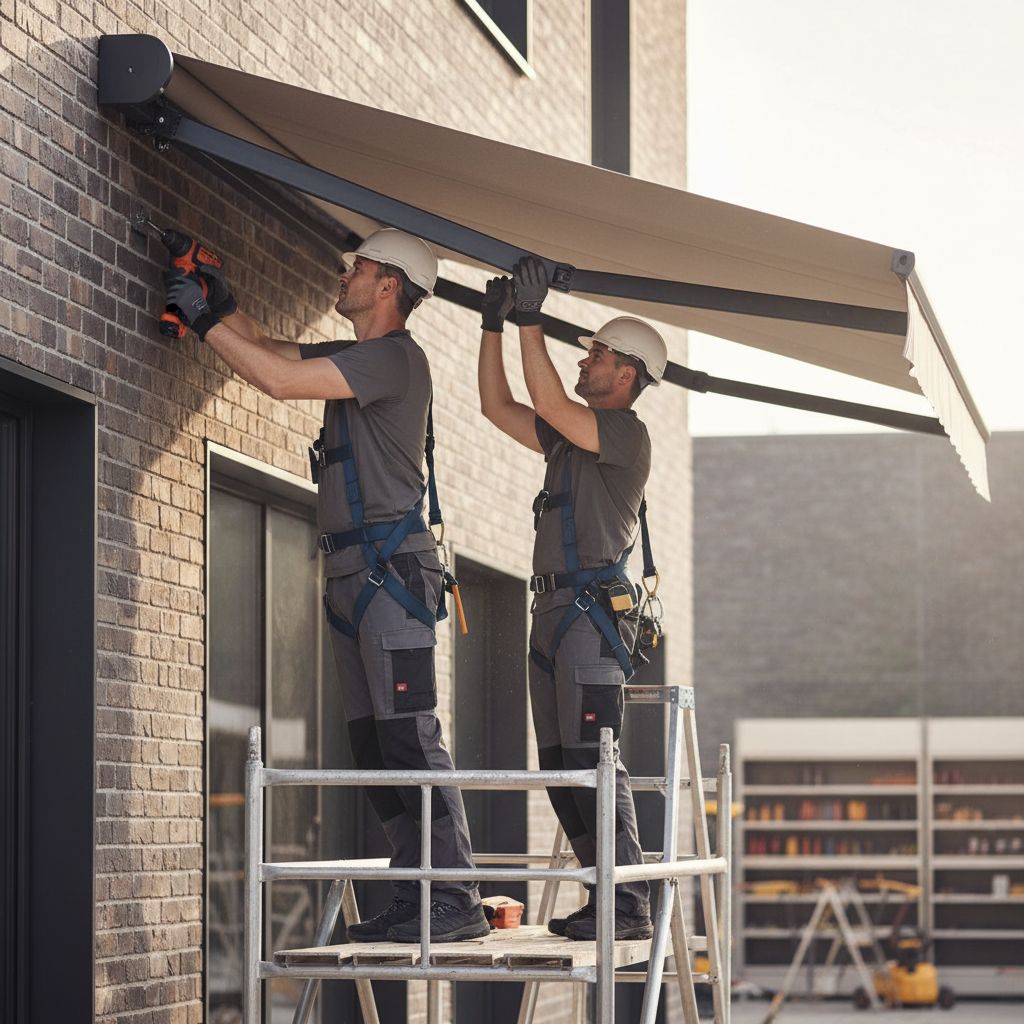 Deux de nos techniciens expérimentés installent avec soin un store banne robuste sur une façade en briques, bien équipés pour travailler en toute sécurité.