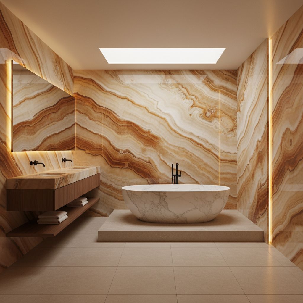 Une salle de bain luxueuse et minimaliste avec des murs entièrement recouverts de grandes plaques d