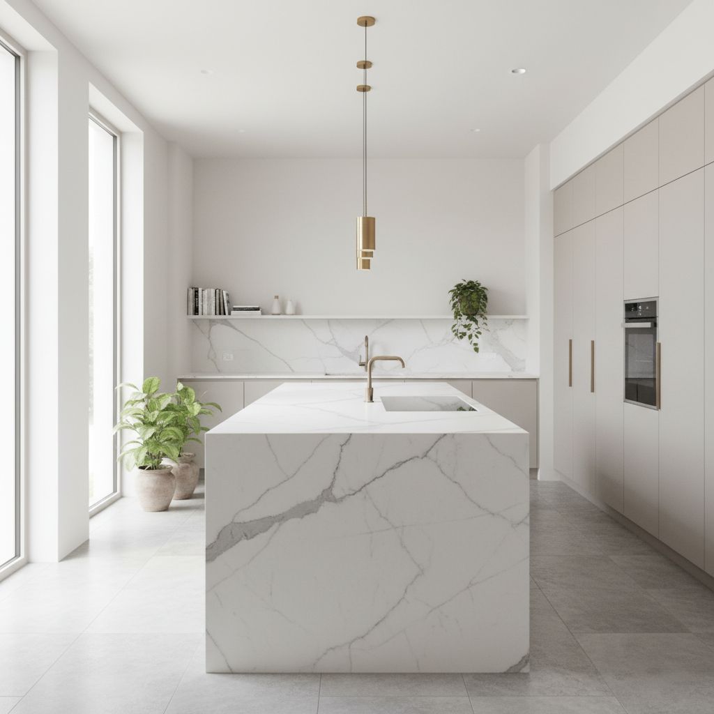 Une cuisine moderne et luxueuse avec un îlot central et un plan de travail en marbre blanc veiné de gris, reflétant l