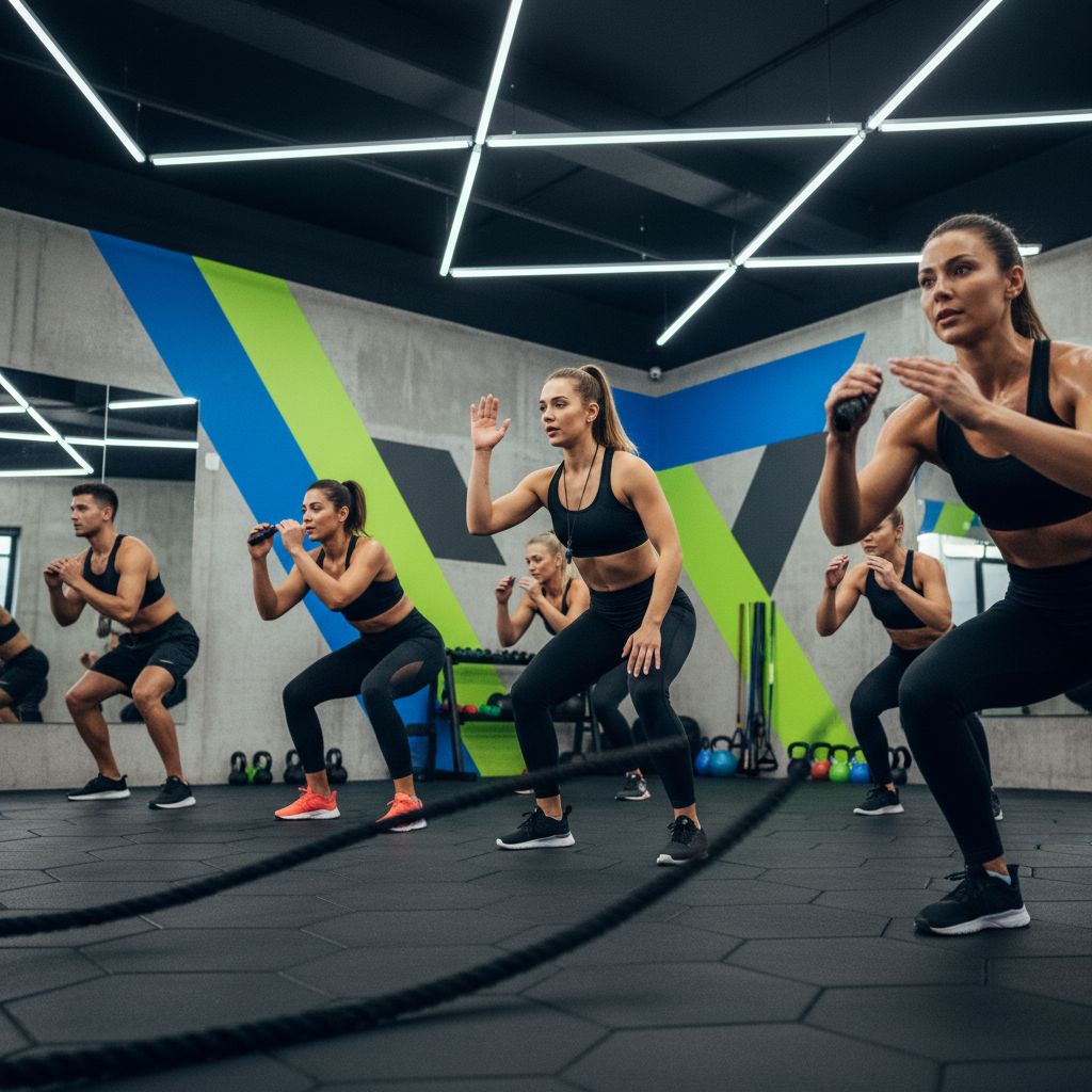 Un petit groupe de personnes en plein effort pendant un cours de HIIT dans un studio de fitness, coachées de près par un entraîneur.