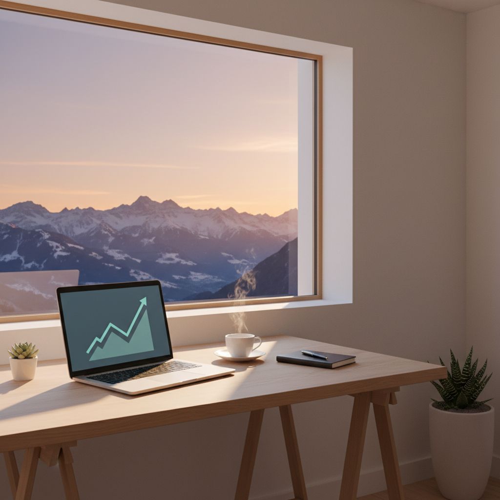 Un bureau d'entrepreneur minimaliste avec un ordinateur portable affichant des graphiques de croissance, une tasse de café et une vue sur les Alpes suisses à travers la fenêtre, symbolisant la concentration et la stratégie.