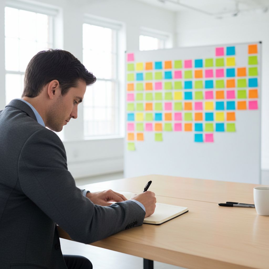 Une personne rédigeant des notes sur un carnet pendant une réunion de brainstorming pour une stratégie de contenu, avec des post-it colorés sur un mur en arrière-plan.