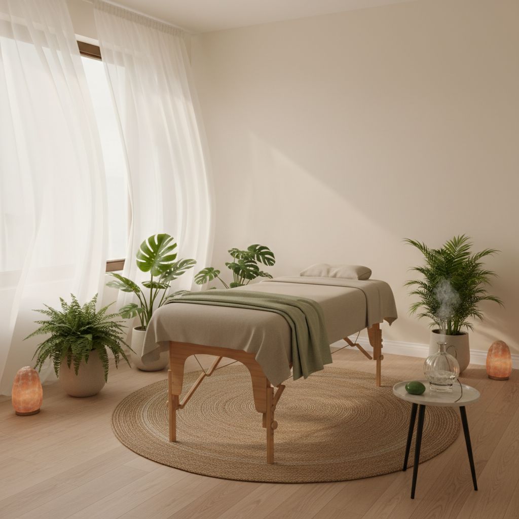Une salle de soin énergétique sereine et apaisante, avec une table de massage, des plantes vertes et une lumière douce et naturelle.