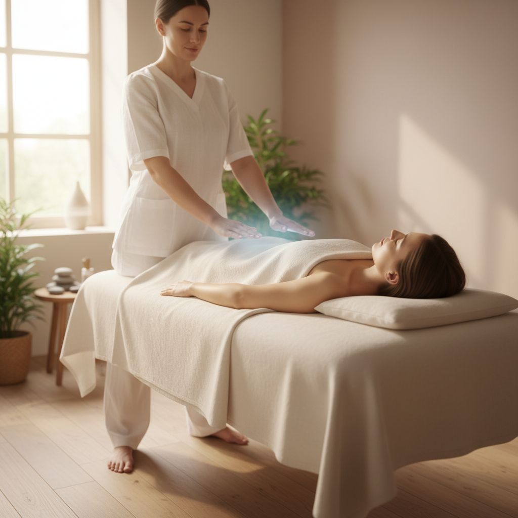 Une personne reçoit un soin Reiki, avec les mains du praticien positionnées légèrement au-dessus de son corps, dans une atmosphère de calme et de concentration.