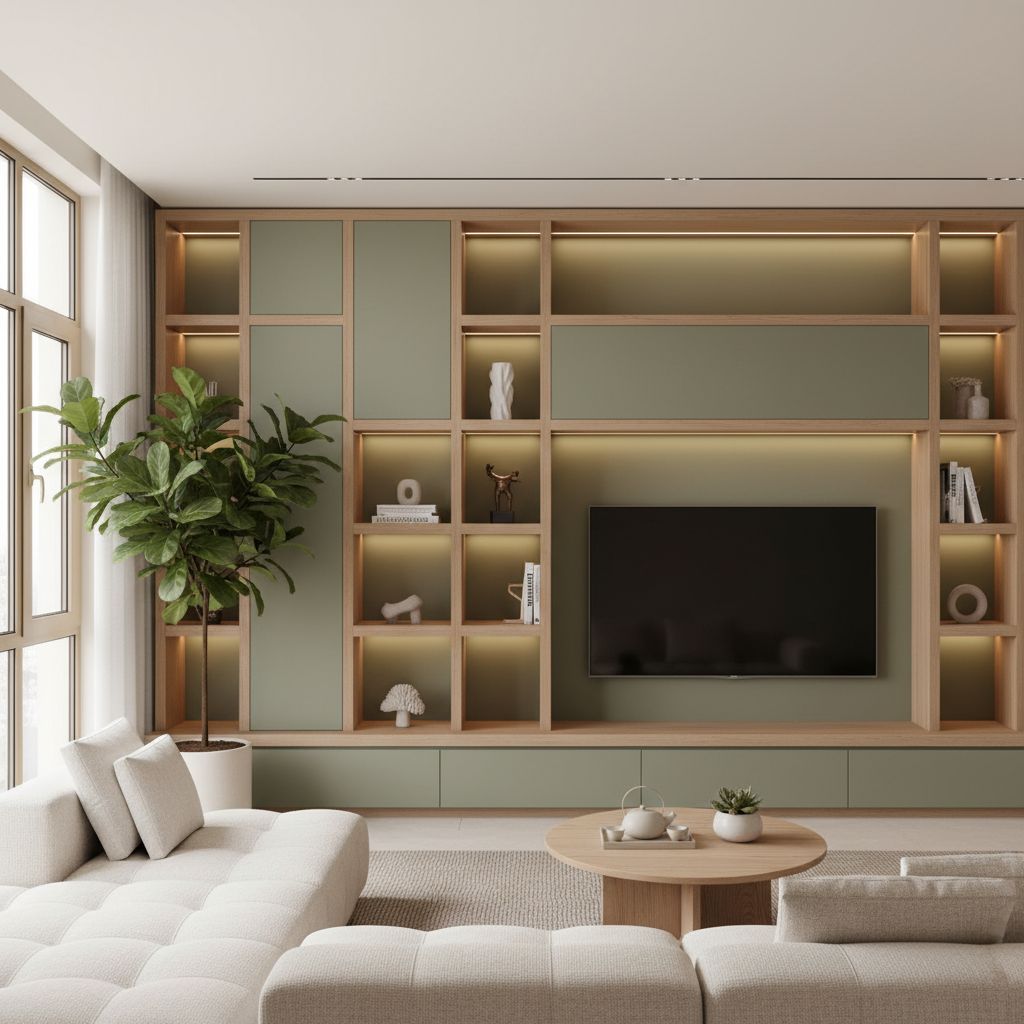 Un salon élégant et lumineux avec une grande bibliothèque murale sur mesure intégrant des niches décoratives et un éclairage subtil, réalisée en bois clair et MDF teinté. L