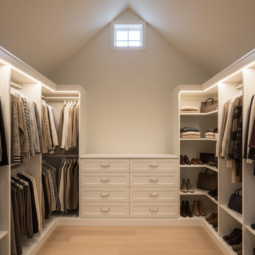 Un dressing sur mesure parfaitement intégré sous une toiture en pente, avec des penderies, des tiroirs et des étagères en bois blanc. L