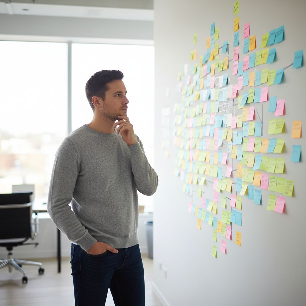 Une personne qui réfléchit, face à un mur rempli de post-its. Une image qui résume bien le casse-tête du choix d'une agence marketing.