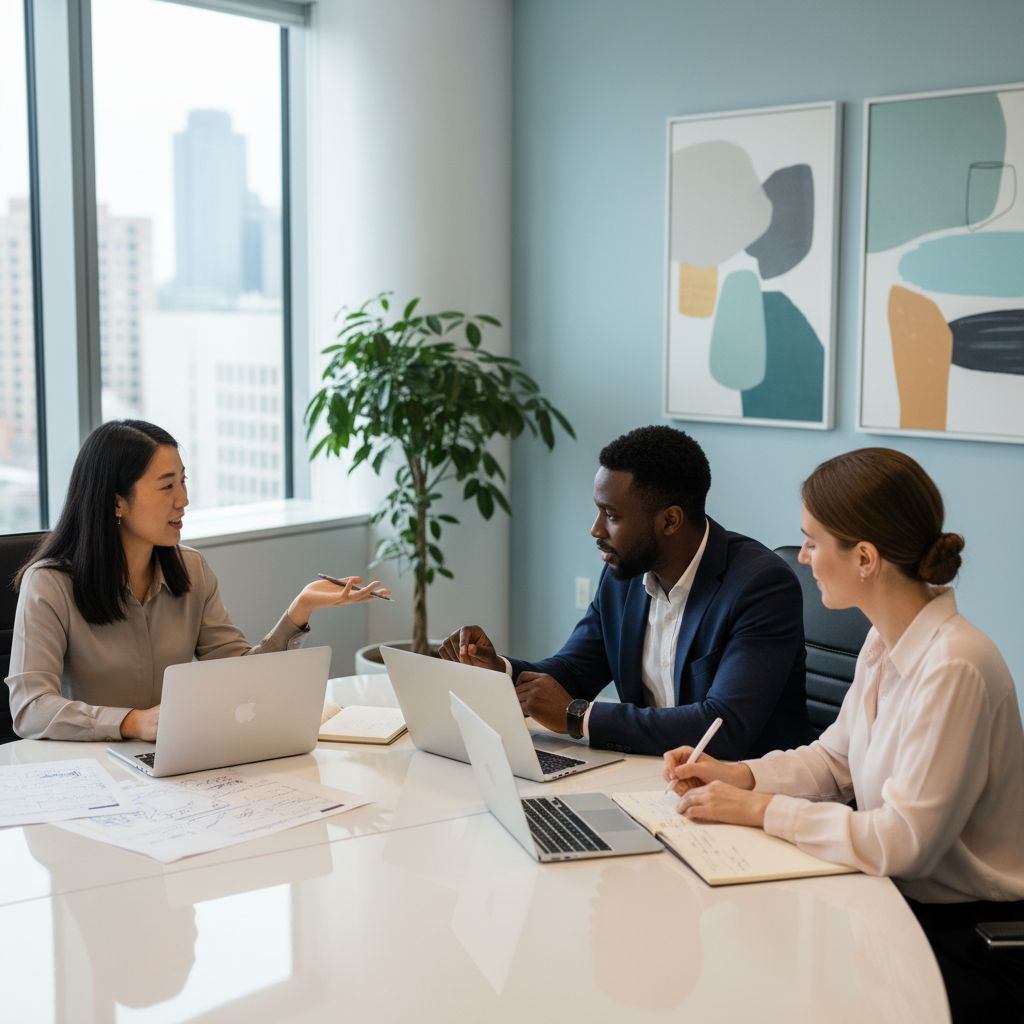 Une équipe créative diversifiée en pleine session de brainstorming autour d'une table, avec des ordinateurs portables et des carnets.