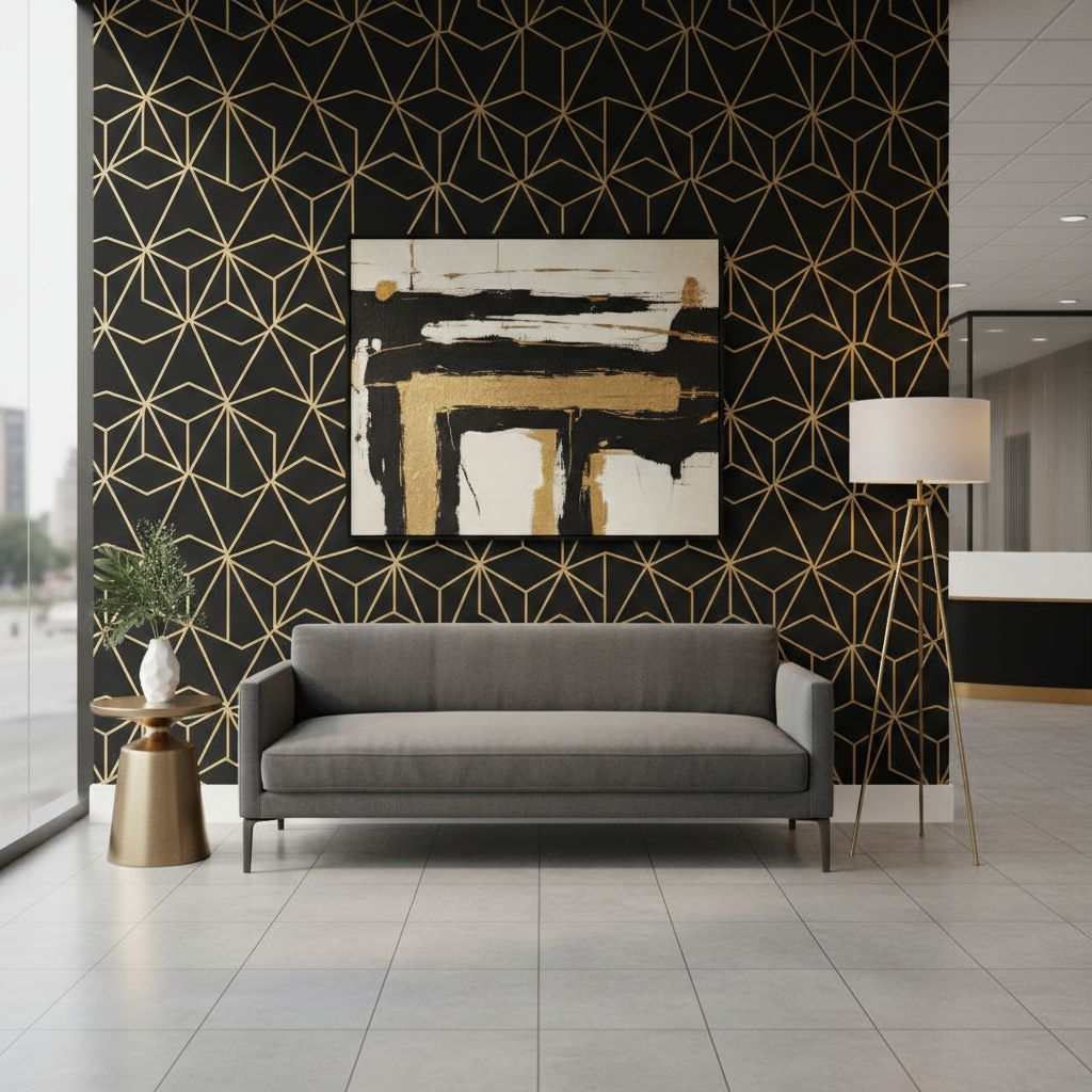 Un mur d'accent derrière un canapé, recouvert d'un papier peint audacieux avec des motifs géométriques noirs et dorés.