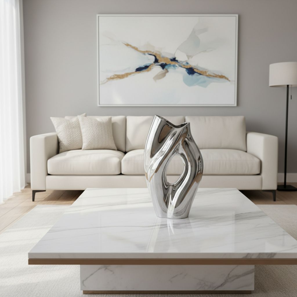 Un salon moderne et lumineux où un vase sculptural chromé, posé sur une table basse en marbre, capte et reflète la lumière de la pièce.