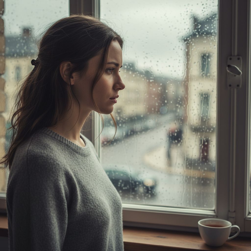 Une femme aux cheveux longs regarde par une fenêtre un jour de pluie, l'air fatigué et pensif, illustrant la fatigue émotionnelle.