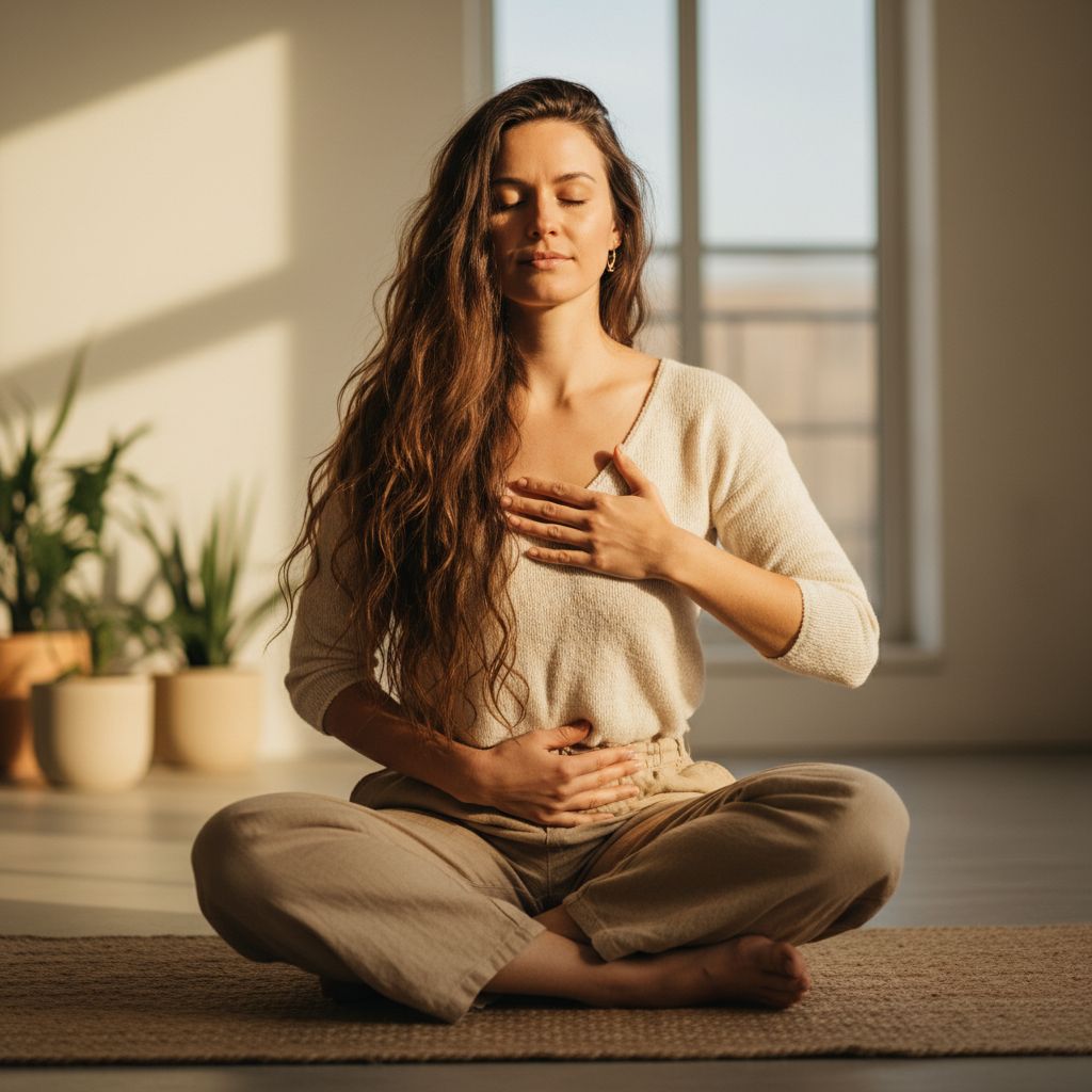 Une femme assise en tailleur sur un tapis de yoga, les yeux fermés, une main sur son ventre et l'autre sur son cœur, illustrant la connexion corps-esprit.