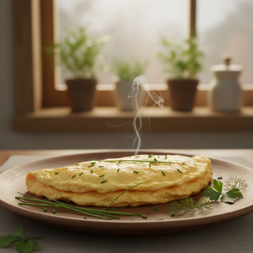 Une omelette suisse parfaitement pliée et dorée, servie sur une assiette en céramique rustique, avec de la vapeur s'élevant délicatement. En arrière-plan, quelques herbes fraîches et une lumière matinale douce.