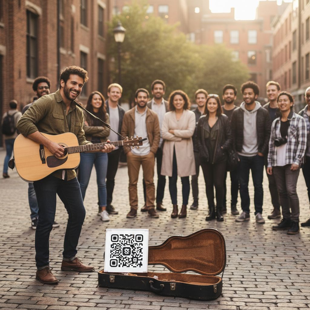 A street musician joyfully playing a guitar while a small crowd watches, with a soft focus on a QR code sign next to their instrument case. The scene is vibrant and urban.