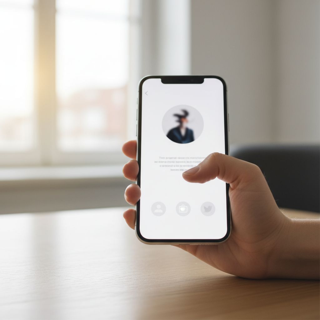 A close-up shot of a smartphone screen displaying a sleek artist profile page from Kiosque QR, showing a photo, bio, and social links.