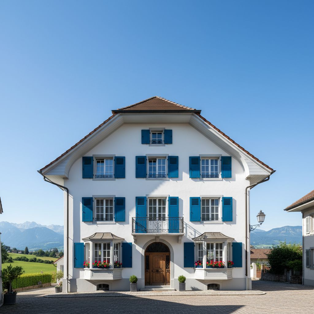 Une magnifique façade de maison fraîchement peinte dans un village typique du canton de Vaud, avec des volets bleus contrastants sous un ciel clair.