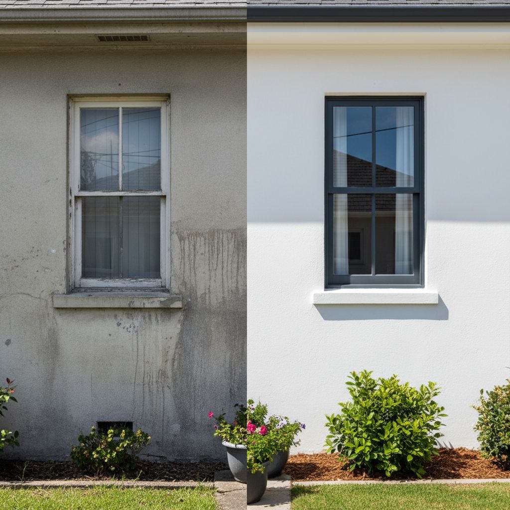 Image comparative montrant une moitié de façade de maison terne et usée et l'autre moitié fraîchement peinte, lumineuse et neuve.
