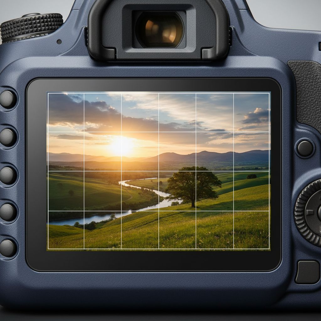 A close-up of a digital camera screen showing the rule of thirds grid over a landscape, illustrating a classic composition technique.