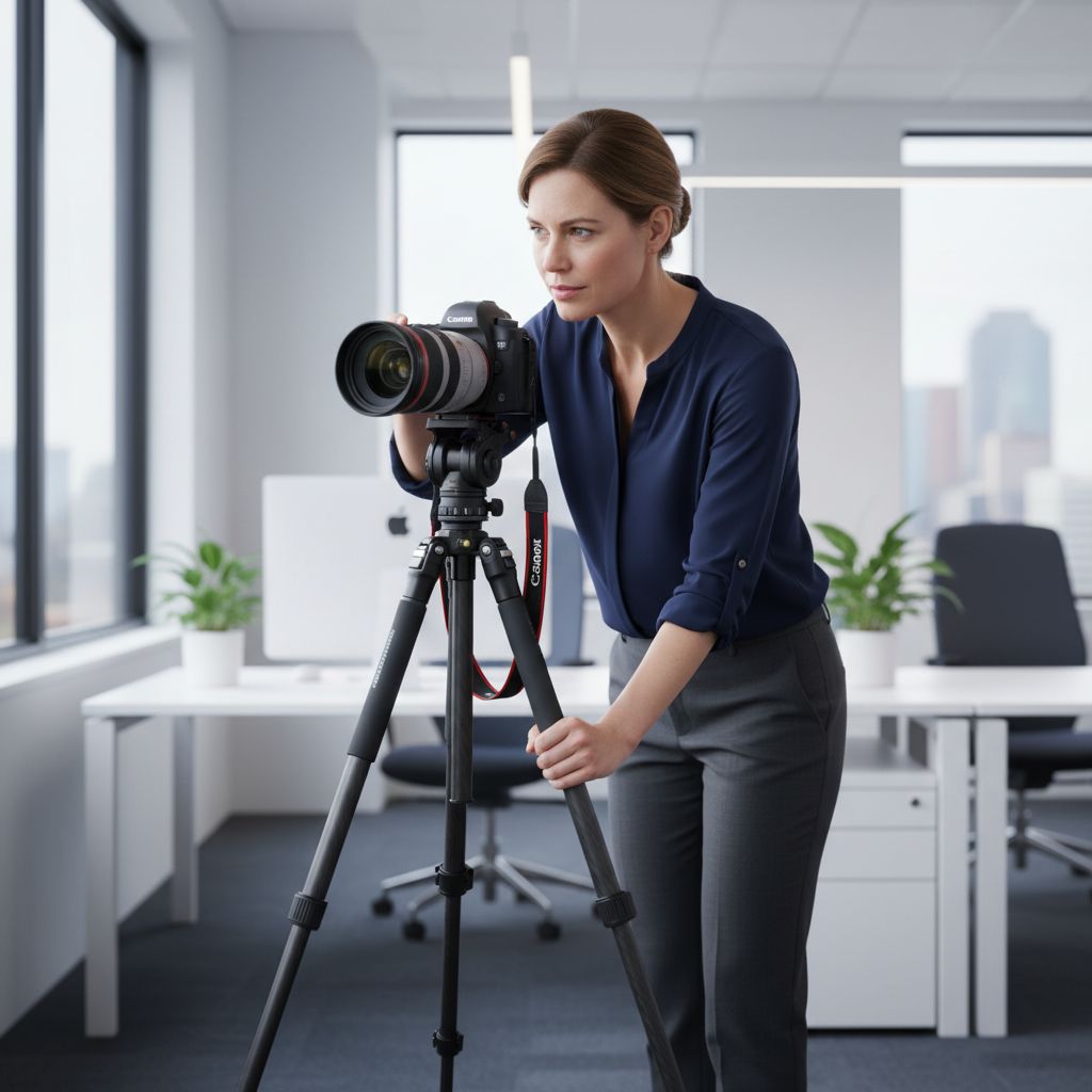 A professional photographer is setting up a shot in a modern, bright office space, capturing the essence of a corporate environment. The focus is on the camera and the thoughtful composition of the scene.