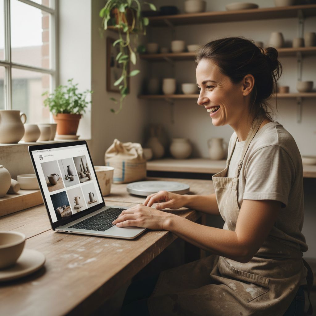A small business owner, an artisan potter, smiling proudly at a beautiful, newly created website displayed on a laptop screen. The scene is in a bright, modern workshop.