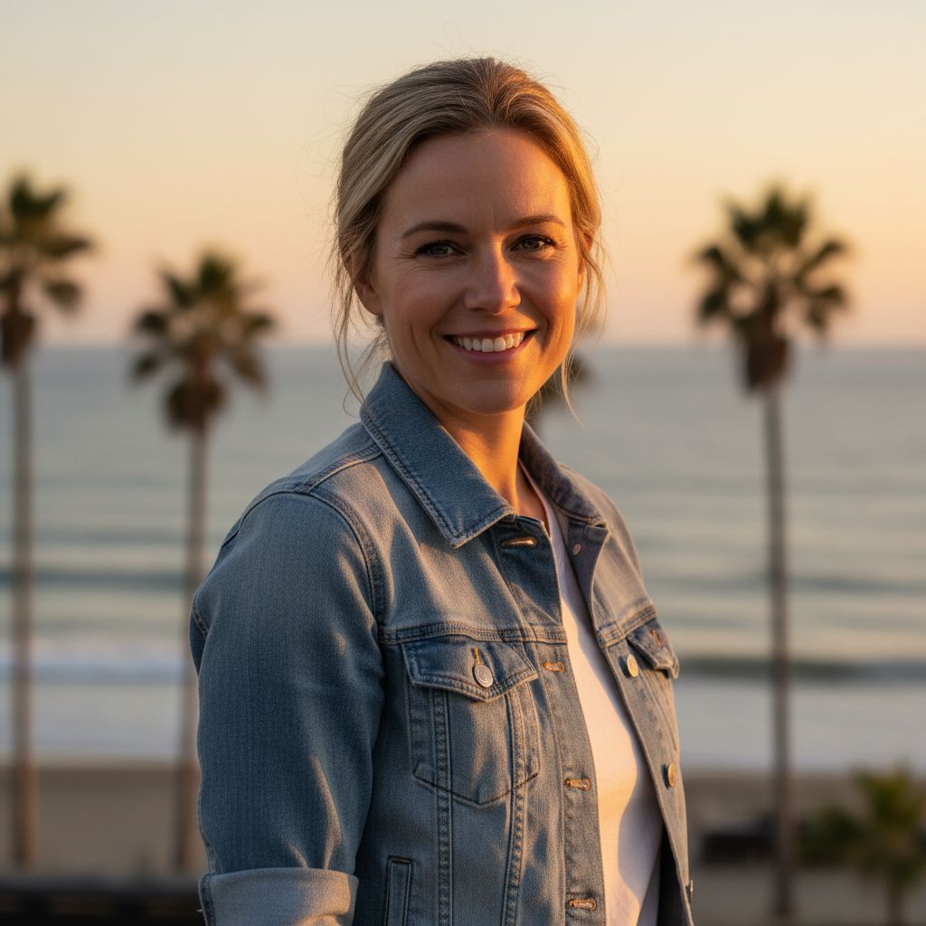 Une femme souriante portant une veste en jean légère de style californien, avec l'océan et des palmiers en arrière-plan flou.