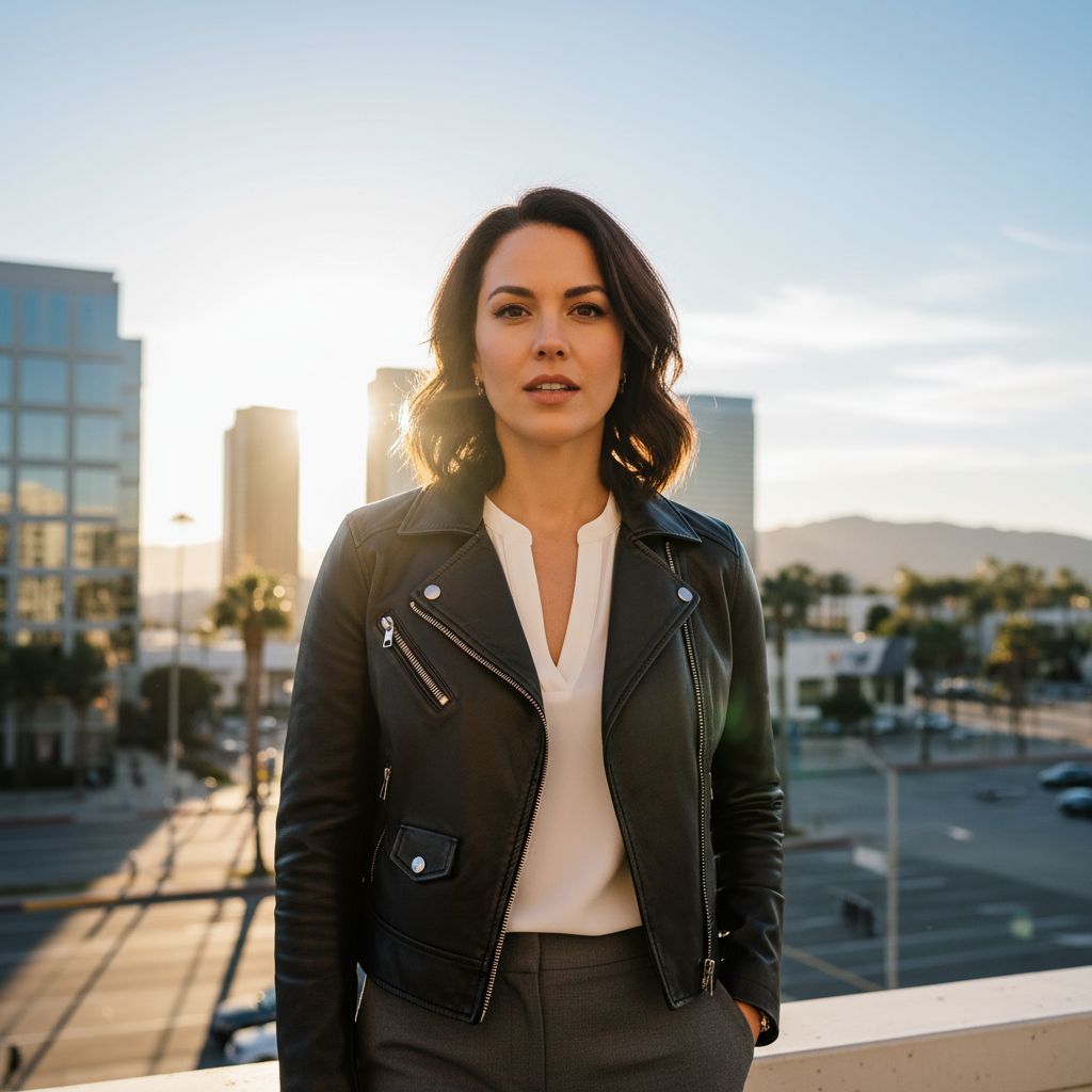 Une femme nous fait face, portant une veste de motarde en cuir sur fond de ville ensoleillée, dans une ambiance californienne très actuelle.