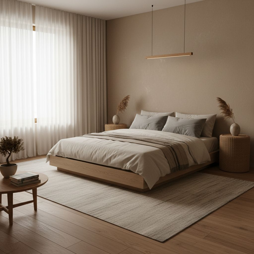Chambre sereine et minimaliste dans le style Japandi, montrant un lit bas, des textures naturelles et une palette de couleurs neutres.