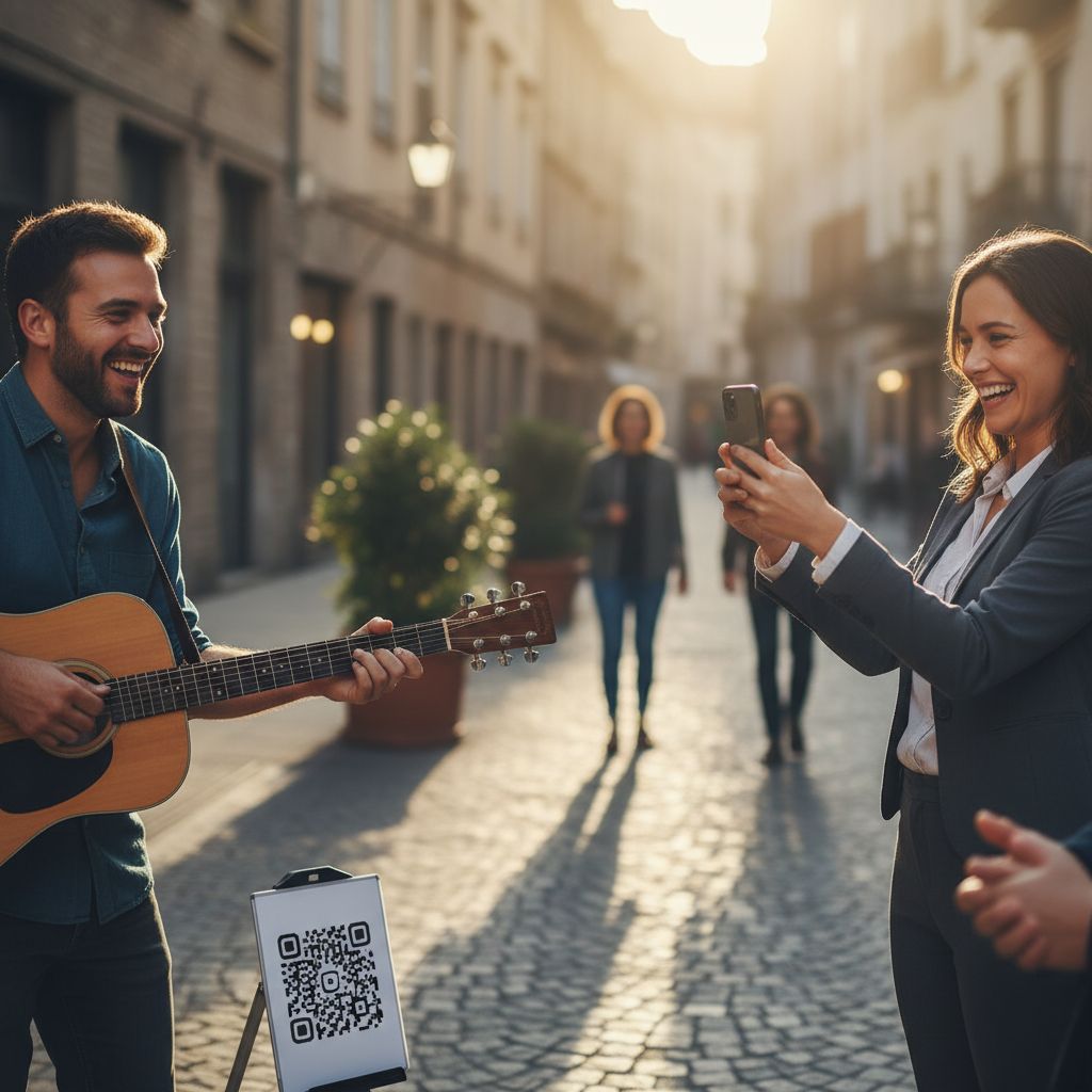 Picture this: a cheerful street musician is playing guitar, and a happy audience member is smiling as they scan a QR code on a little sign with their phone to send a tip.