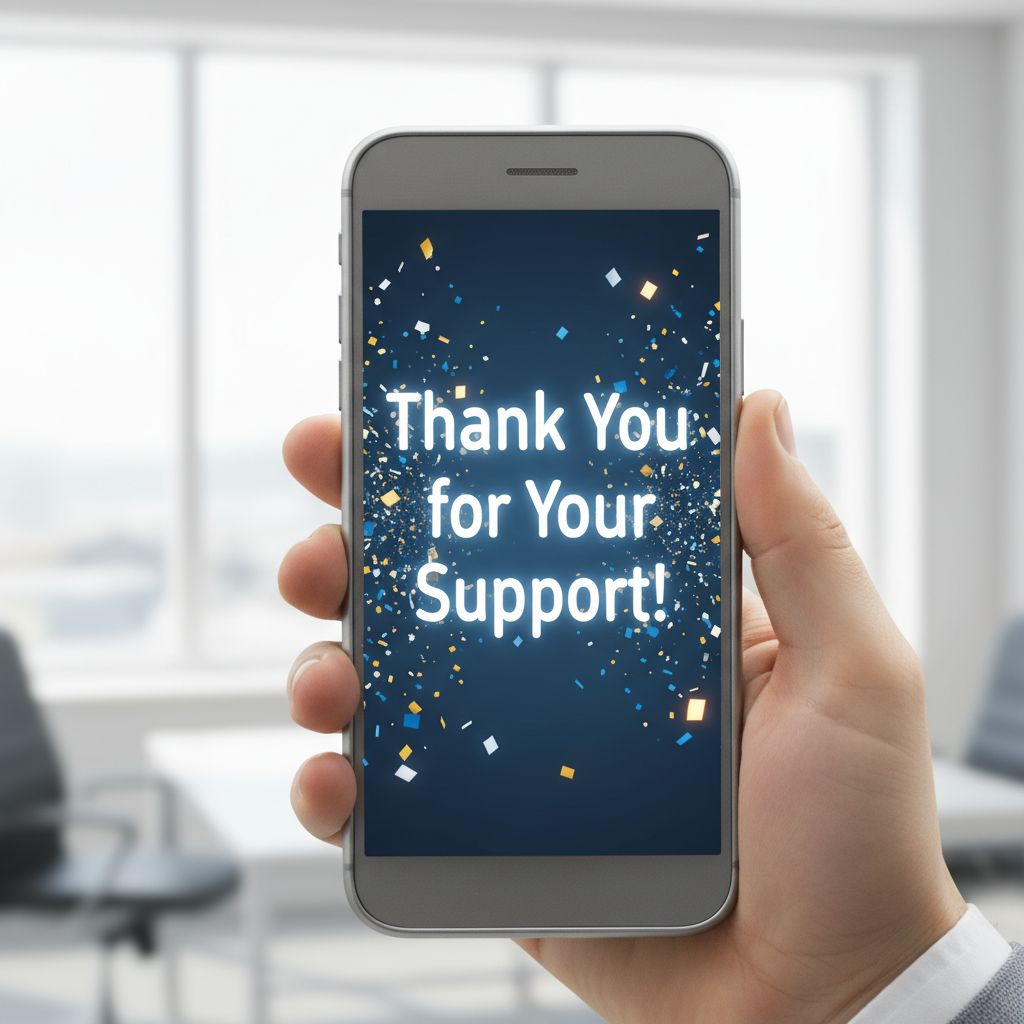 A close-up of a smartphone screen lighting up with a successful tip notification that says, 'Thank You for Your Support!' and digital confetti.