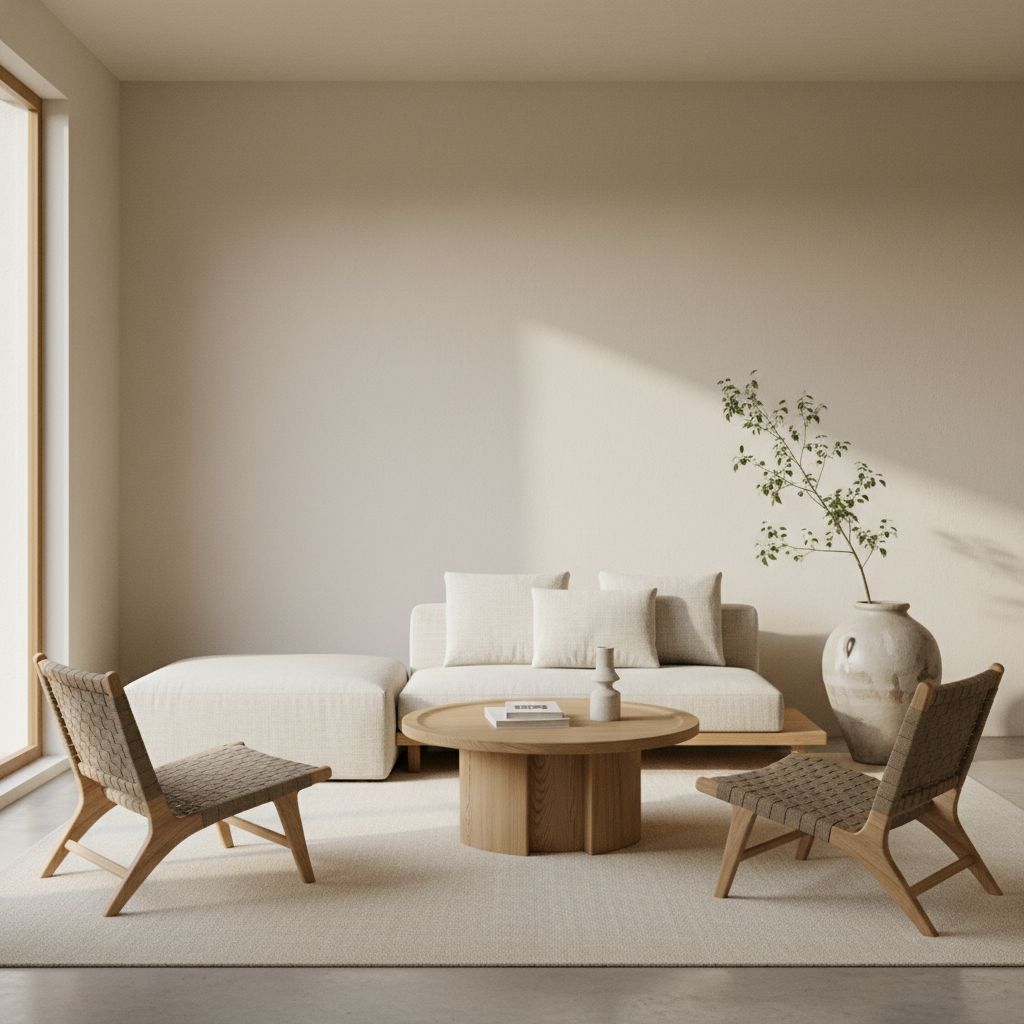 Un salon élégant et lumineux de style Japandi, avec des meubles minimalistes et une atmosphère accueillante, représentant un bien immobilier premium géré par une conciergerie.