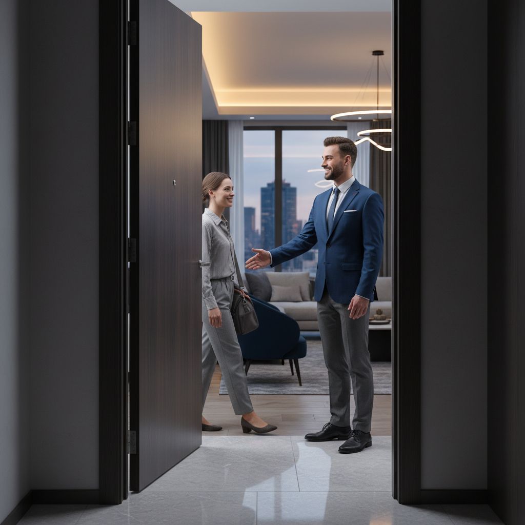 Un concierge professionnel accueille chaleureusement un voyageur à la porte d