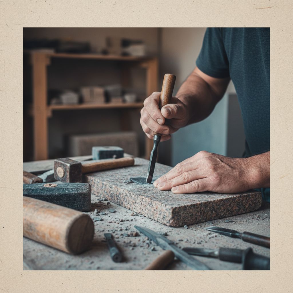 Un tailleur de pierre concentré, utilisant des outils traditionnels pour finaliser la forme d