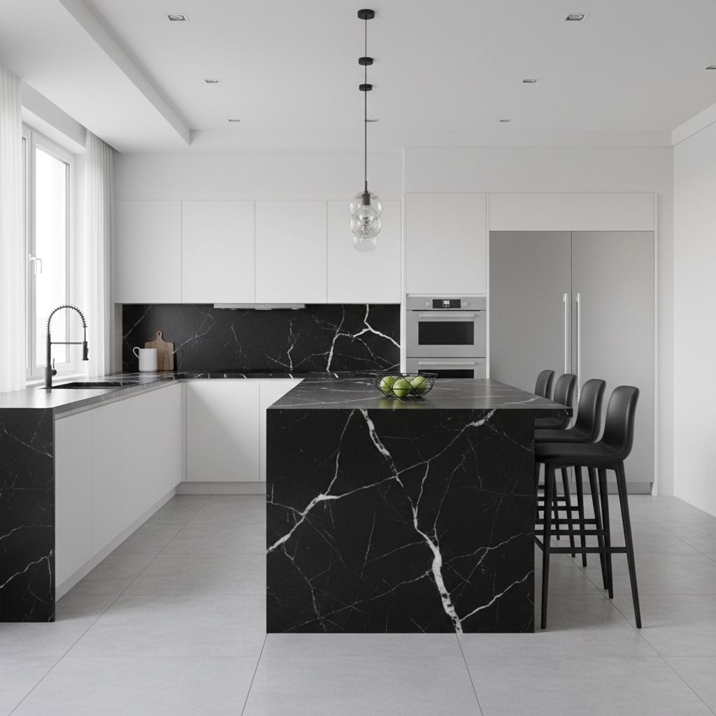 Une cuisine moderne et luxueuse avec un îlot central et des plans de travail en marbre noir aux veines blanches, mettant en valeur une pose précise et élégante.