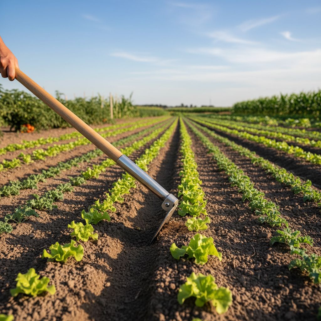 Équipement spécialisé pour le maraîchage, comme une bineuse de précision, travaillant dans un champ de légumes bien entretenu.