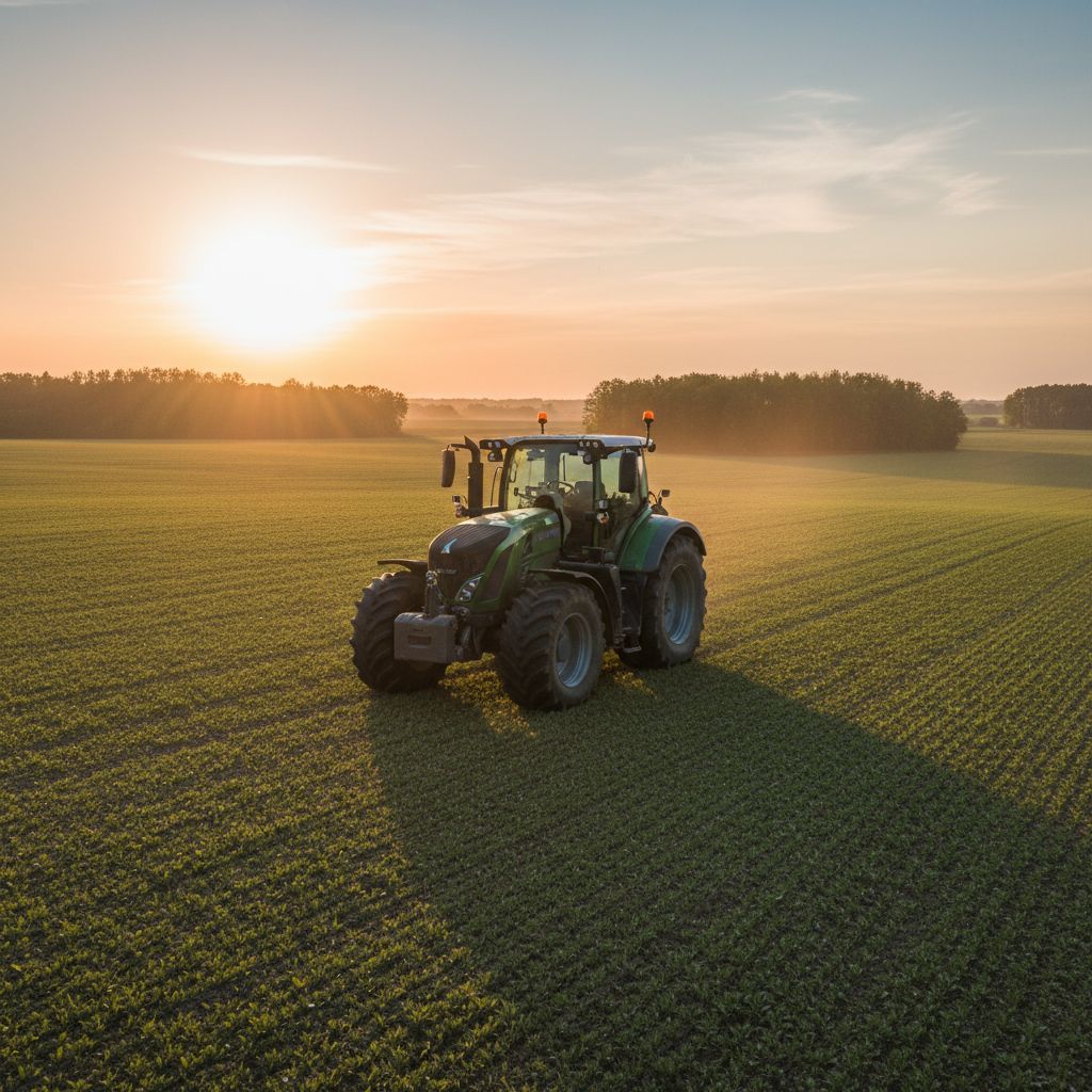 Un tracteur agricole moderne dans un champ de la Mayenne au lever du soleil, symbolisant l