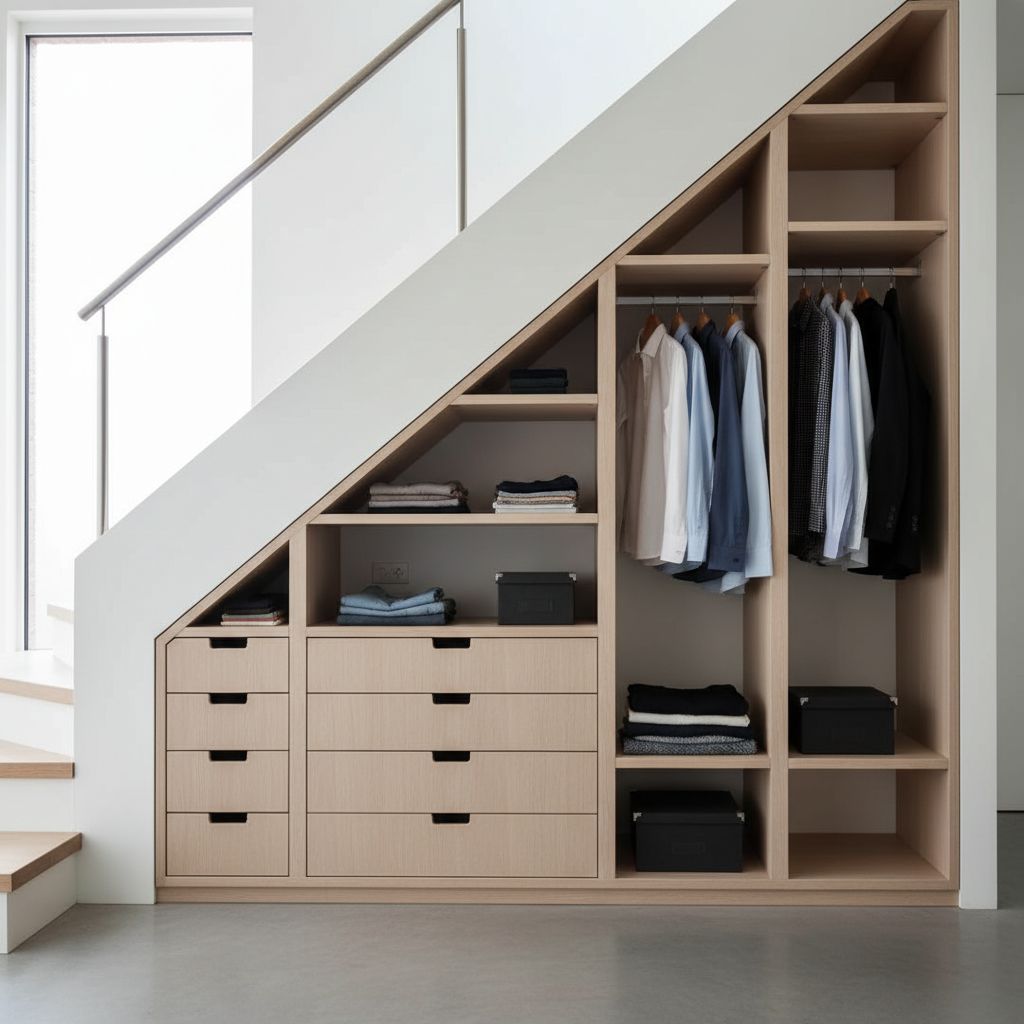 Un aménagement de dressing sur mesure ingénieux sous un escalier, utilisant l