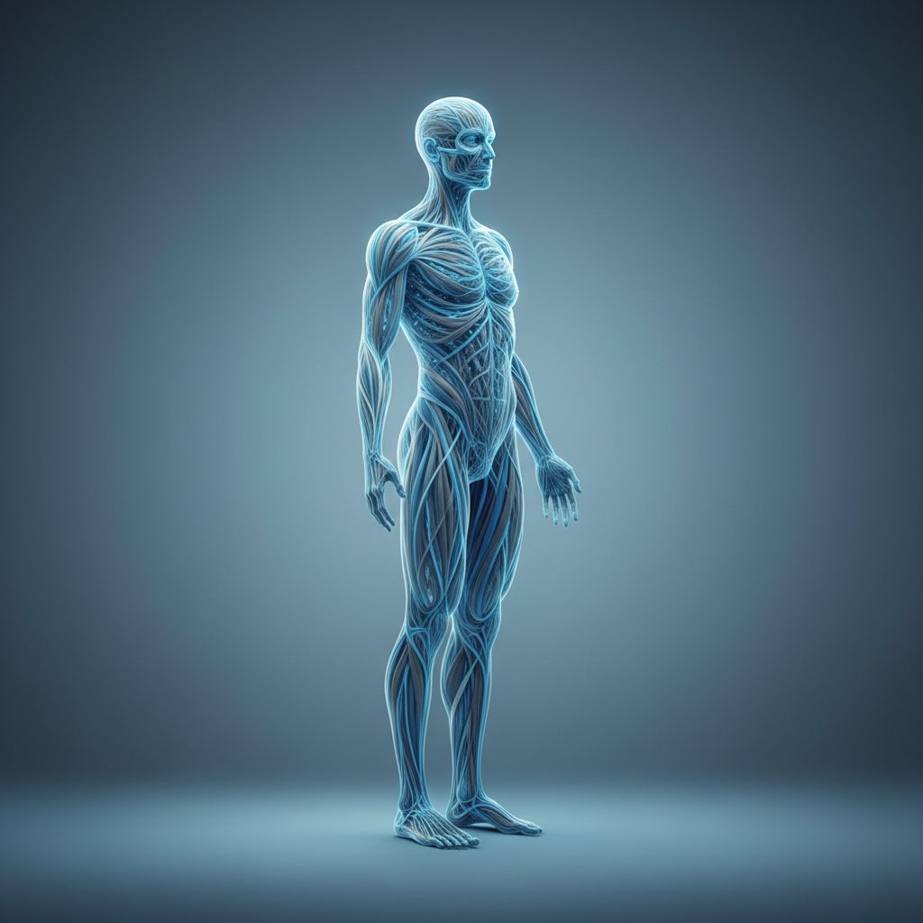 Une représentation artistique et stylisée du réseau de fascias entrelacés à l'intérieur d'une silhouette humaine, montrant sa continuité de la tête aux pieds.