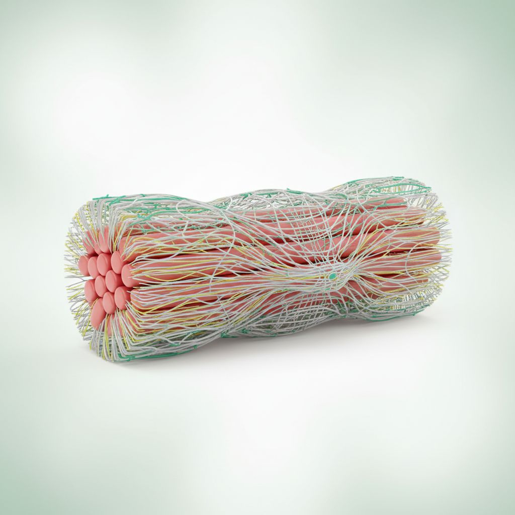 Un rendu 3D montrant l'élasticité et la protection des fascias autour des muscles, avec des fibres de collagène et d'élastine visibles.