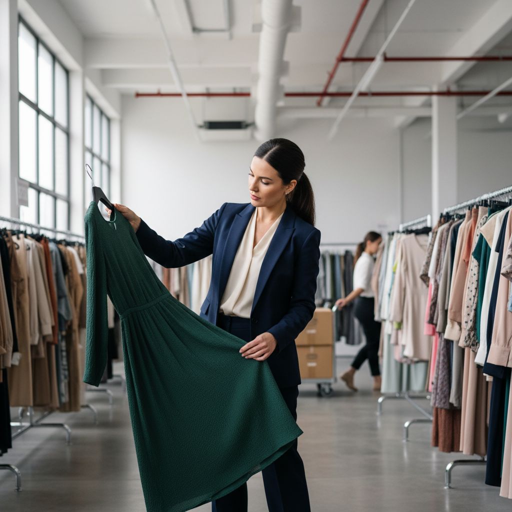 Une femme d'affaires dans un entrepôt de vêtements examine des vêtements sur des cintres, évaluant la qualité et le style pour sa boutique.