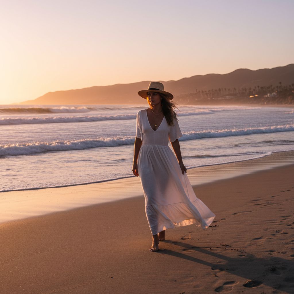 Une femme élégante marchant sur une plage de Malibu au coucher du soleil, portant une robe longue blanche et fluide, incarnant le style californien.
