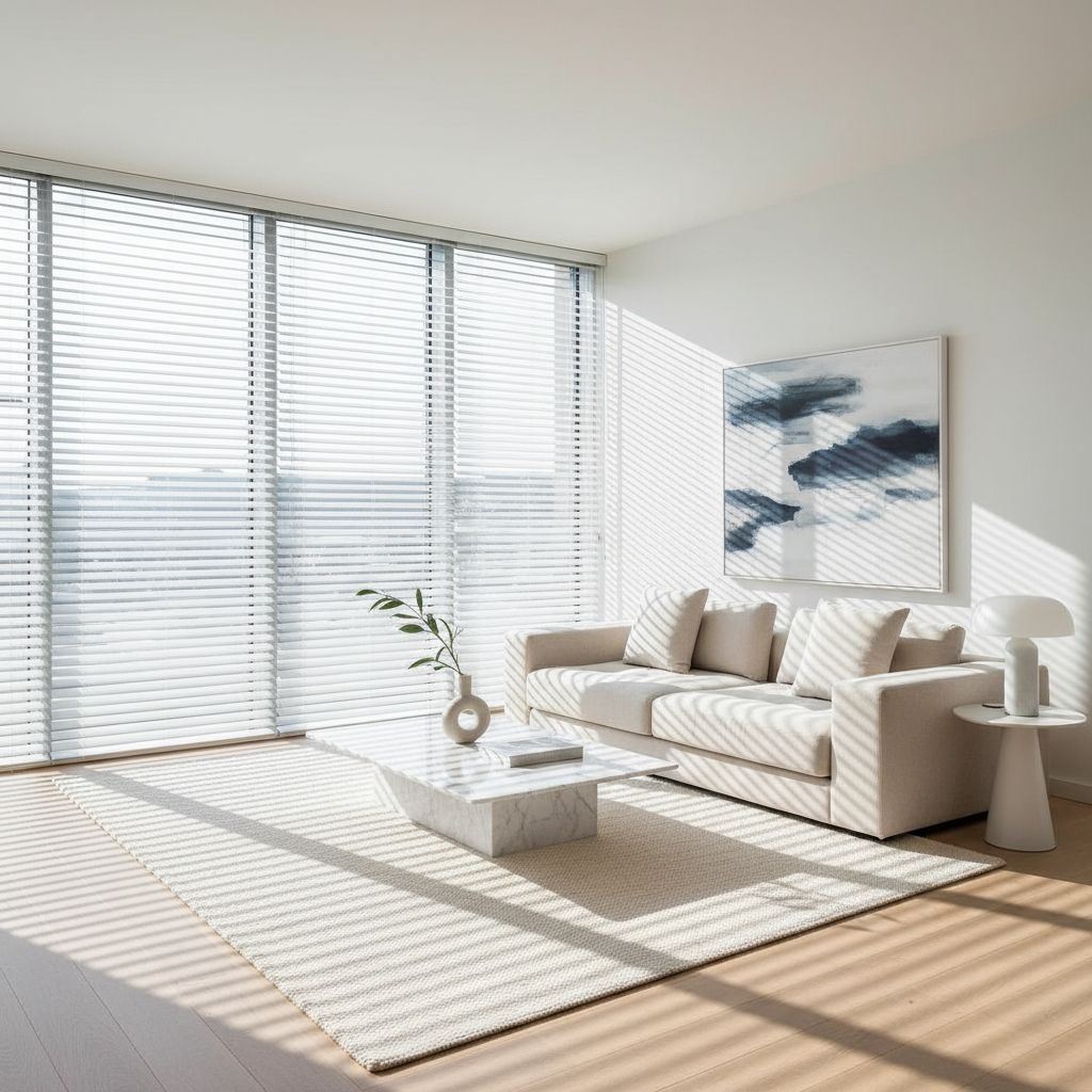 Un salon moderne et lumineux avec des stores vénitiens blancs élégamment installés sur de grandes fenêtres, laissant filtrer une douce lumière.