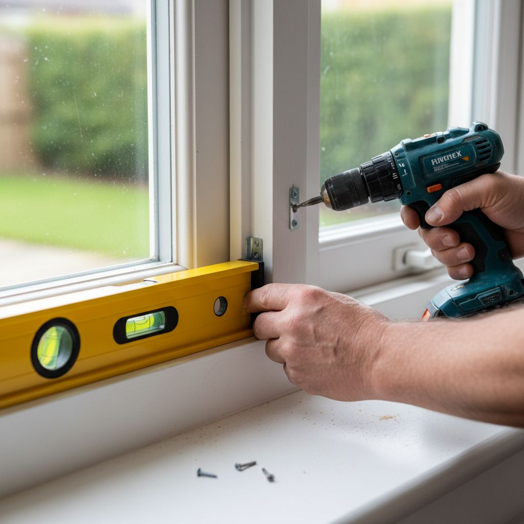 Un artisan concentré utilisant un niveau à bulle et une perceuse pour monter le support d'un store intérieur sur un cadre de fenêtre.