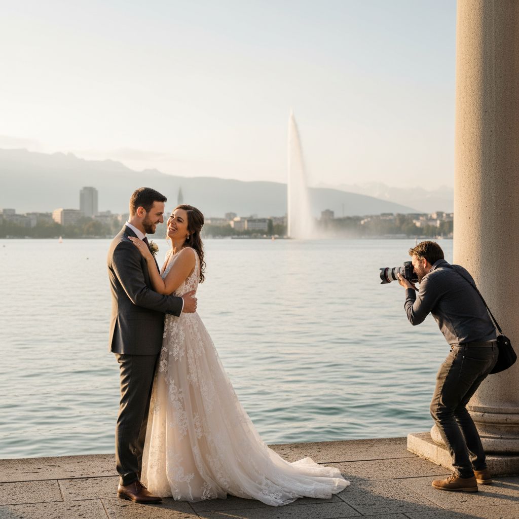 Un photographe professionnel capturant un moment intime d'un couple de mariés avec le lac Léman et le Jet d'Eau à Genève en arrière-plan.