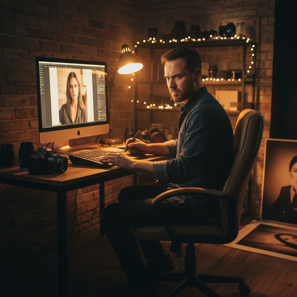 Un photographe travaillant tard dans son studio sur un ordinateur, ajustant les couleurs d'une photo de portrait avec une tablette graphique.