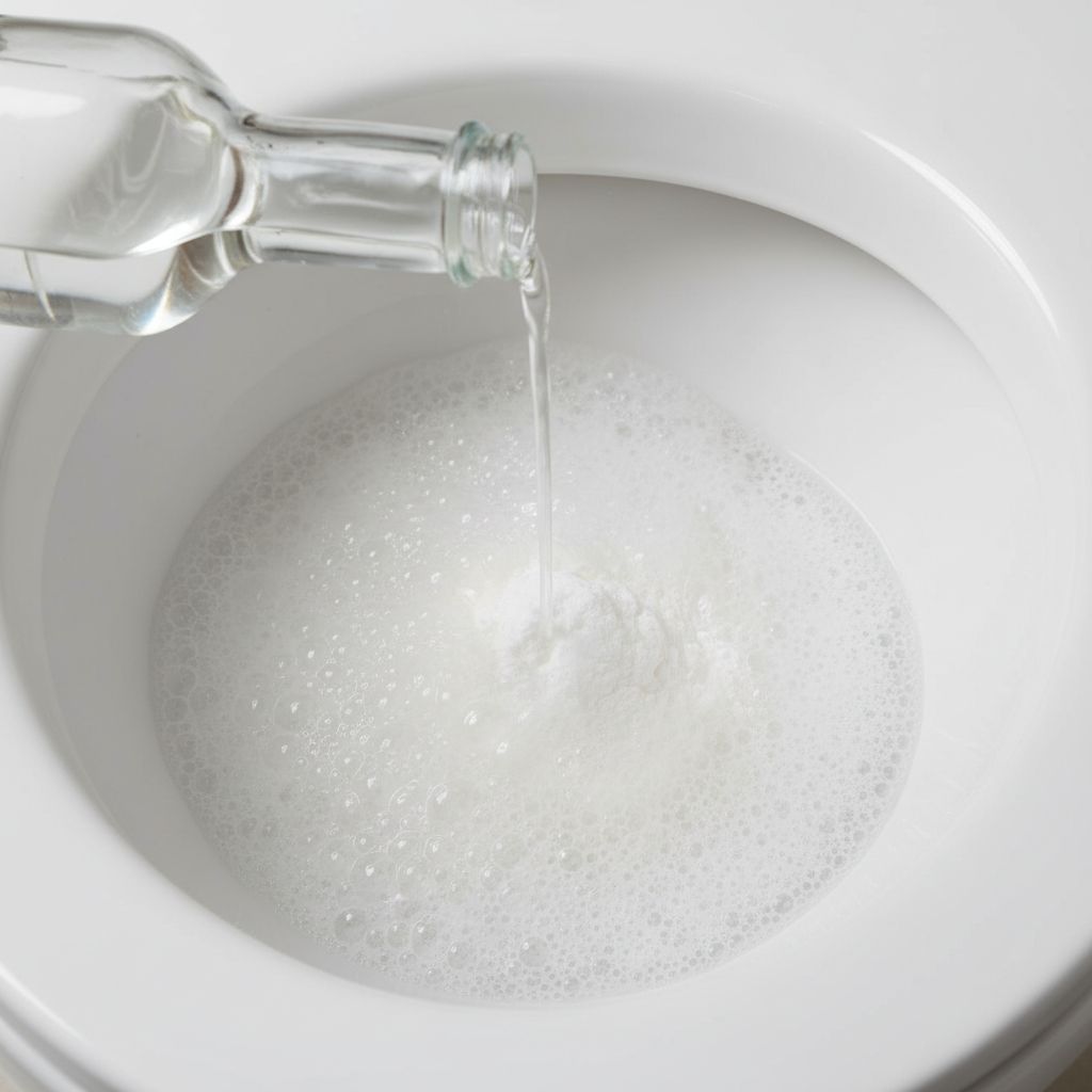Action de verser du vinaigre blanc sur du bicarbonate de soude dans une cuvette de toilette, provoquant une réaction moussante pour dissoudre le bouchon.