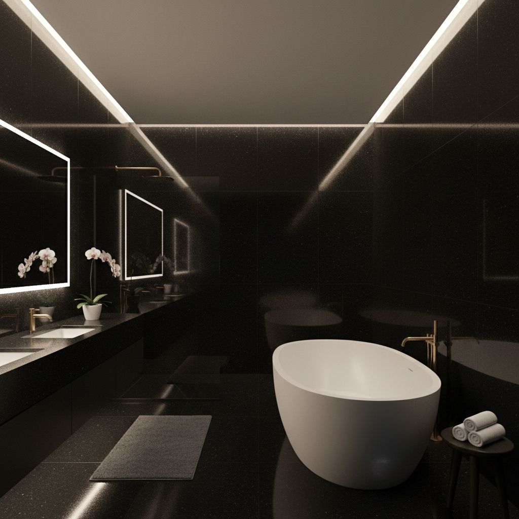 Une salle de bain luxueuse et spacieuse, entièrement revêtue de dalles de granit noir brillant sur les murs et le sol, créant une atmosphère sophistiquée.