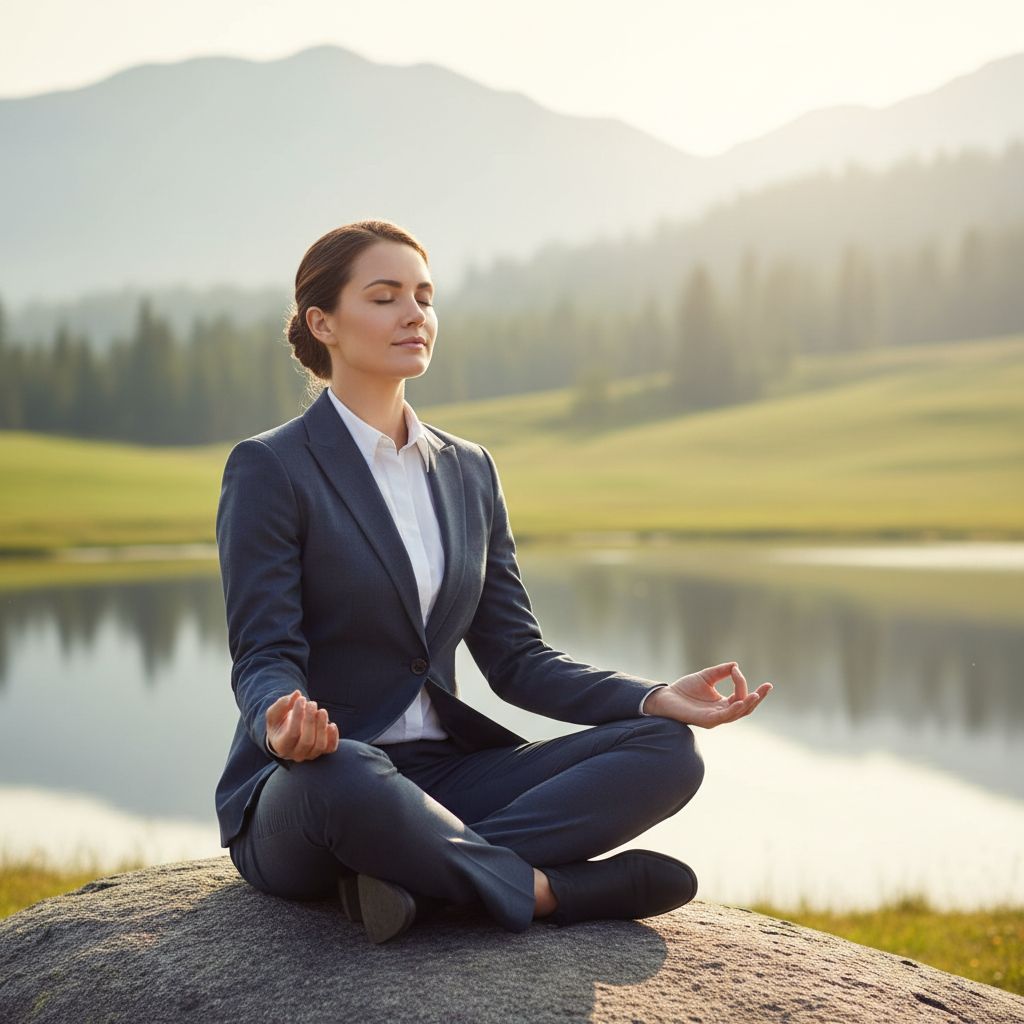 Une personne assise en position du lotus, les yeux fermés, dans un état de méditation profonde. Le fond est un décor naturel et paisible.