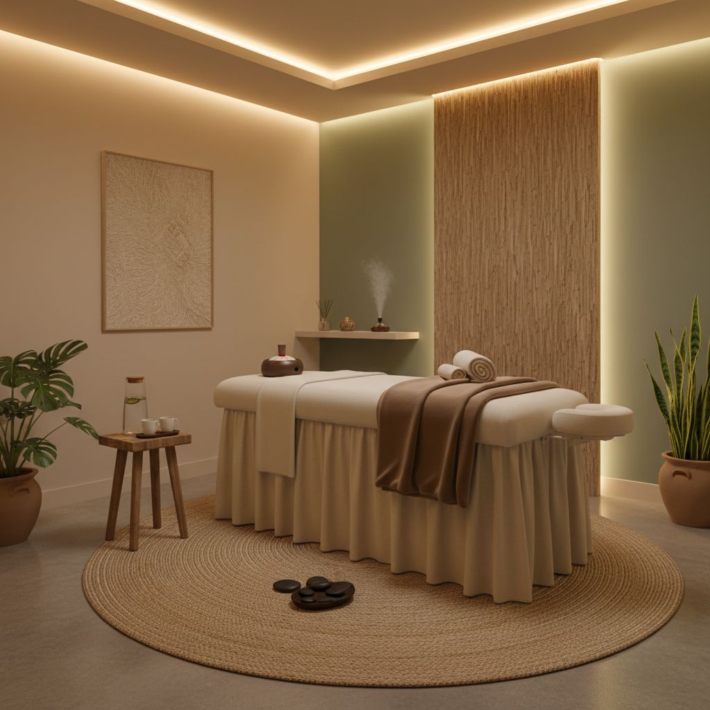 Une salle de massage sereine et épurée, éclairée par une lumière douce, avec une table de massage prête à accueillir un client, évoquant le calme et le professionnalisme.