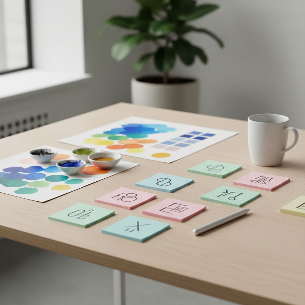 Un bureau de design minimaliste avec des palettes de couleurs, des esquisses de logo et une typographie sur des post-it, évoquant le processus de création d'une identité visuelle professionnelle pour une start-up.